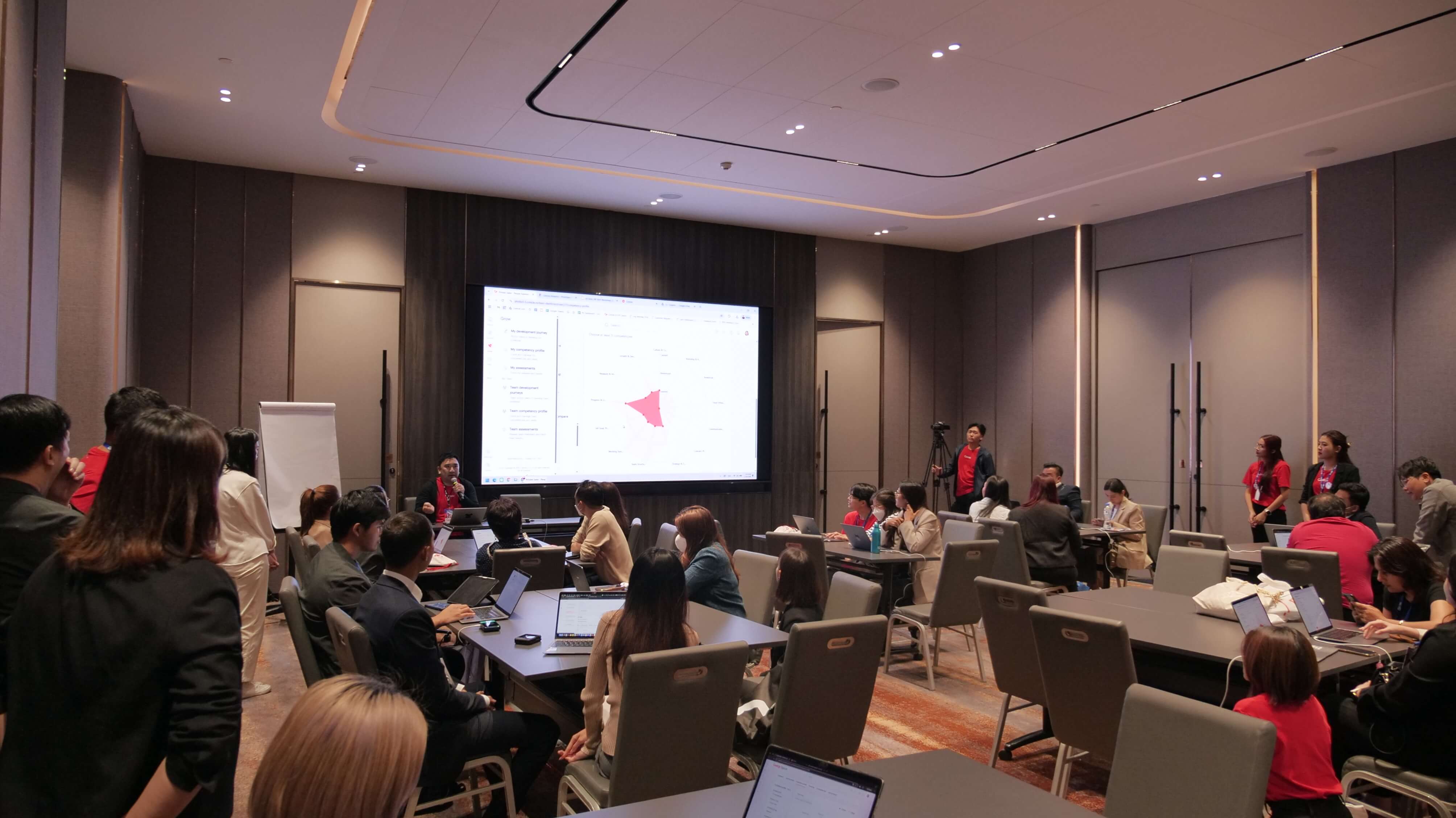 บรรยากาศเวิร์กช็อปในห้องประชุมขนาดใหญ่ ผู้เข้าร่วมจำนวนมากกำลังนั่งฟังการนำเสนอข้อมูลกราฟบนจอ