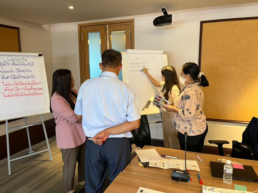 ผู้เข้าร่วมอบรมกำลังทำกิจกรรมเวิร์กช็อป โดยยืนระดมสมองและจดบันทึกความคิดเห็นลงบนกระดานฟลิปชาร์ท